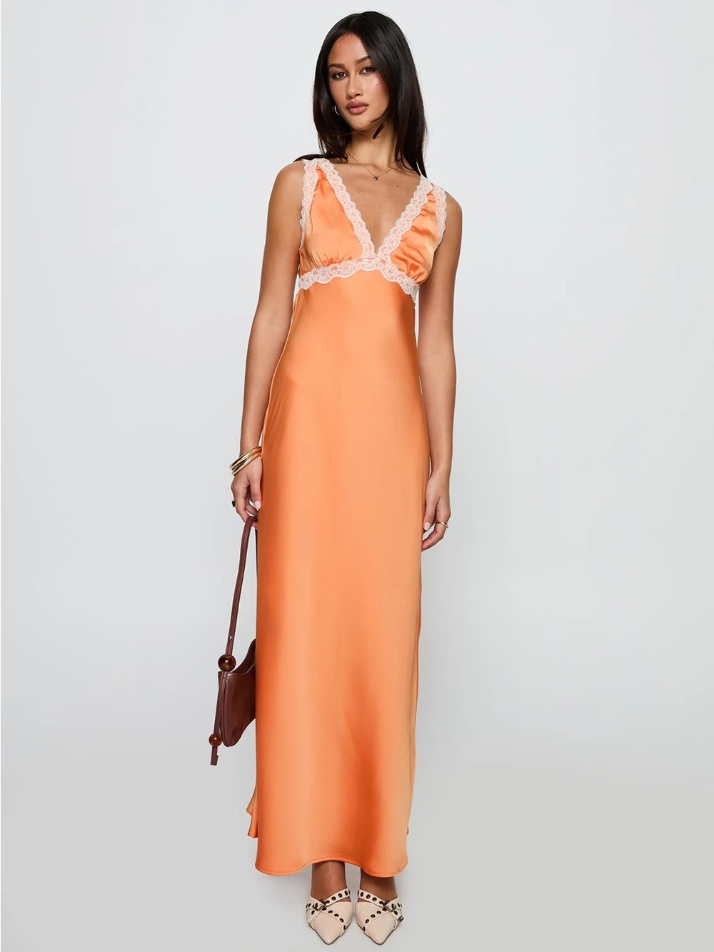 NEW Princess Polly Natassja V Neck Lace Trim Babydoll Maxi Dress in Orange